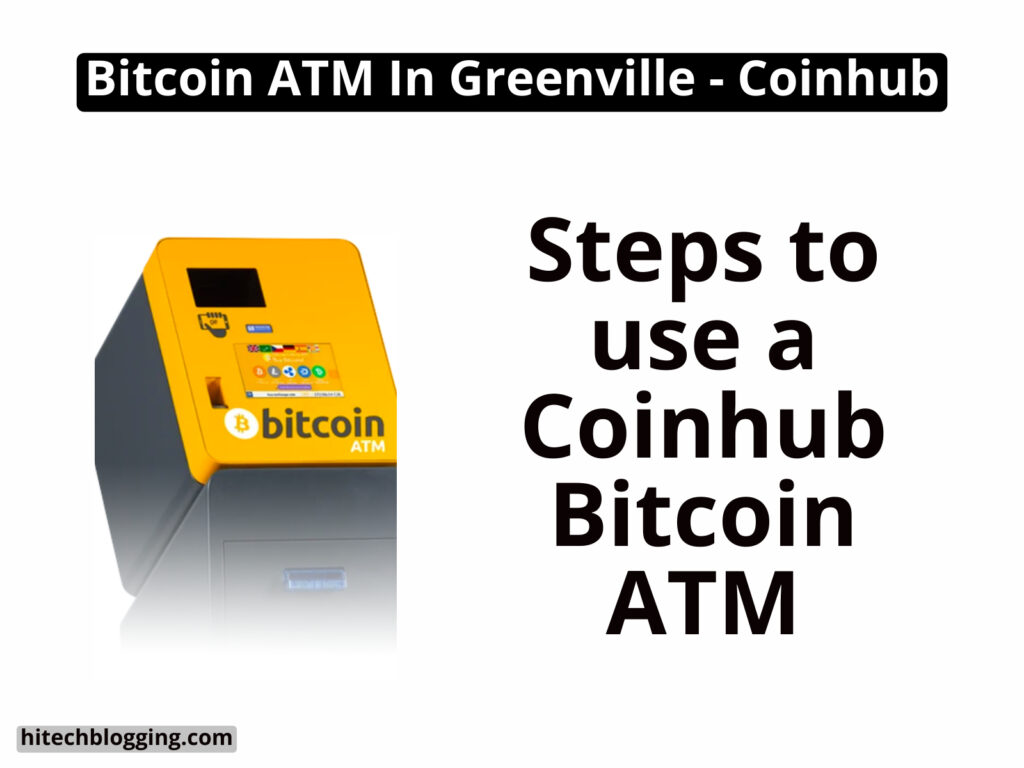 Bitcoin ATM machine with Coinhub branding and text describing steps to use it