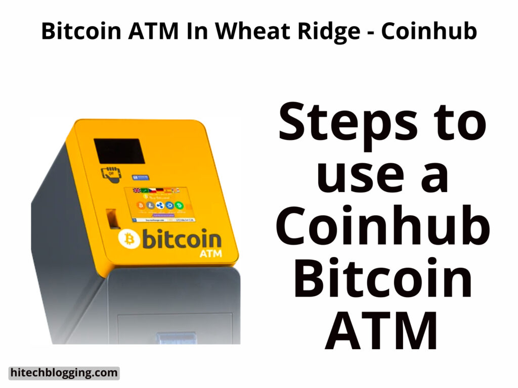 A yellow Bitcoin ATM machine with a screen and the Bitcoin logo, next to text describing steps to use a Coinhub Bitcoin ATM.