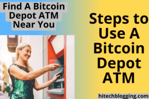 Woman using a Bitcoin ATM machine with text about finding and using Bitcoin Depot ATMs.