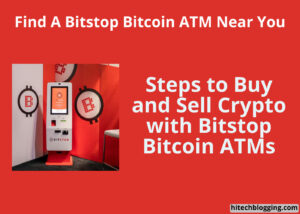 A Bitstop Bitcoin ATM machine with the Bitstop logo, surrounded by red backgrounds and text about finding and using Bitstop Bitcoin ATMs.