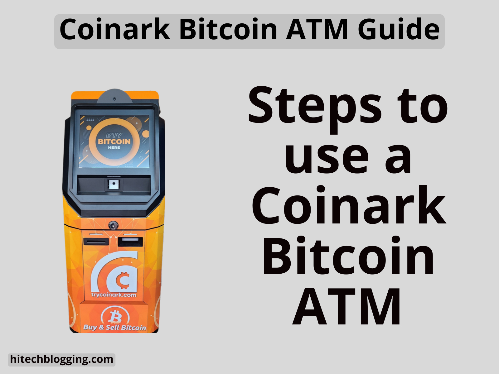 A Coinark Bitcoin ATM machine with an orange and black color scheme, displaying "BUY BITCOIN HERE" on its screen.