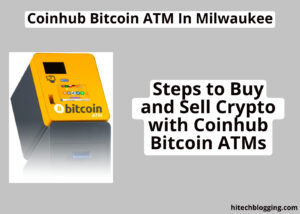 A yellow Bitcoin ATM machine with a black screen and various cryptocurrency icons displayed.