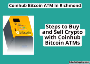 A yellow Bitcoin ATM machine against a teal background with text describing Coinhub Bitcoin ATM services in Richmond.