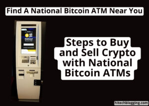 A Bitcoin ATM machine with a screen displaying the National Bitcoin ATM logo, alongside text prompts about finding and using Bitcoin ATMs.