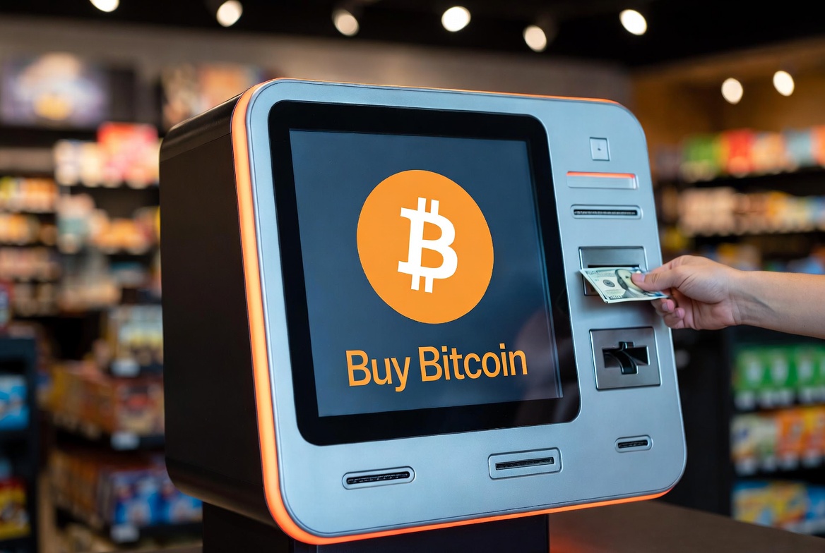 Photorealistic image of a sleek modern Bitcoin ATM inside a well-lit convenience store. A hand inserts a $100 bill while the screen displays the Bitcoin logo and "Buy Bitcoin".