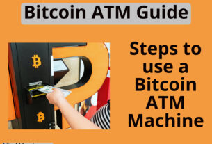 A person inserting cash into a Bitcoin ATM machine with the Bitcoin symbol visible on the machine.