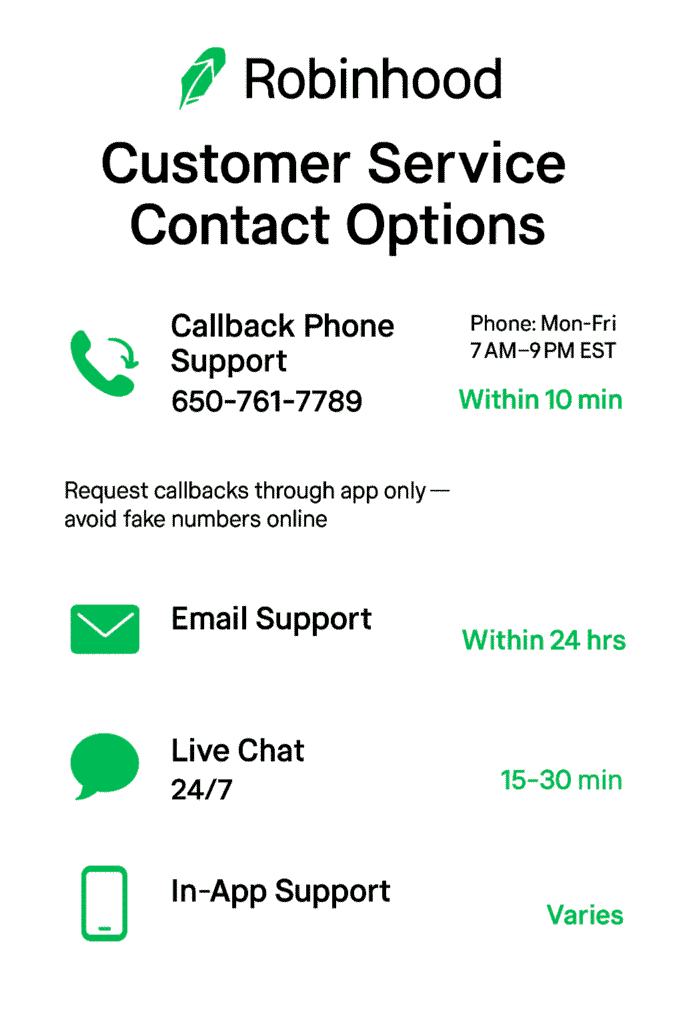 Robinhood customer service contact methods infographic showing phone, email, chat and app support options with hours and response times