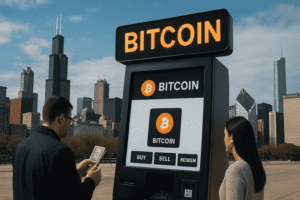 Modern Bitcoin ATM with bright LED display in downtown Chicago, people using the machine with city skyline in background.