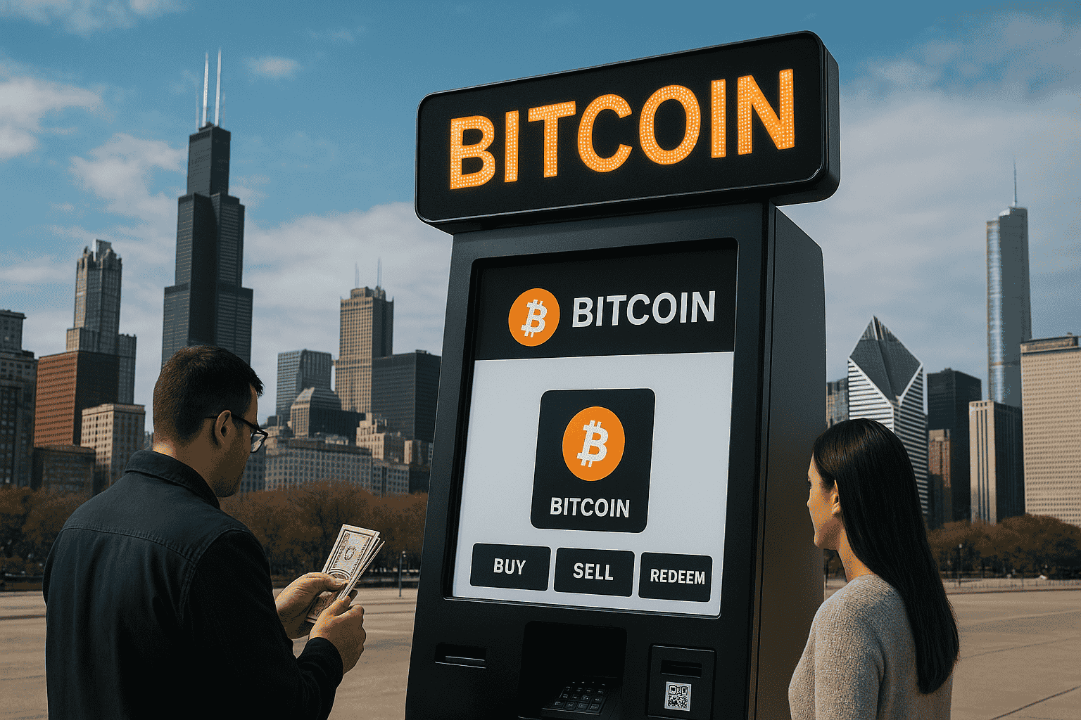Modern Bitcoin ATM with bright LED display in downtown Chicago, people using the machine with city skyline in background.