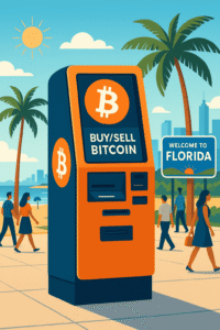 Bitcoin ATMs in Florida with palm trees, sunny sky, and a “Welcome to Florida” sign.