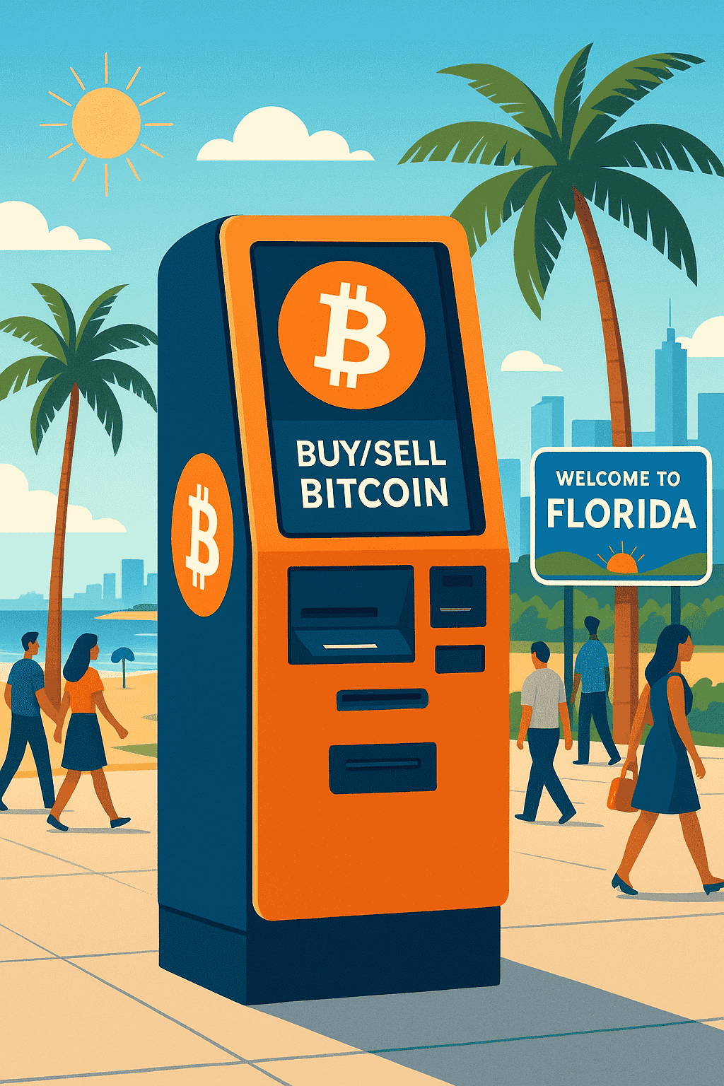 Bitcoin ATMs in Florida with palm trees, sunny sky, and a “Welcome to Florida” sign.
