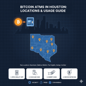 An infographic detailing Bitcoin ATMs in Houston, featuring a city skyline, Bitcoin and ATM icons, a map of Houston with ATM locations, and a four-step usage guide.
