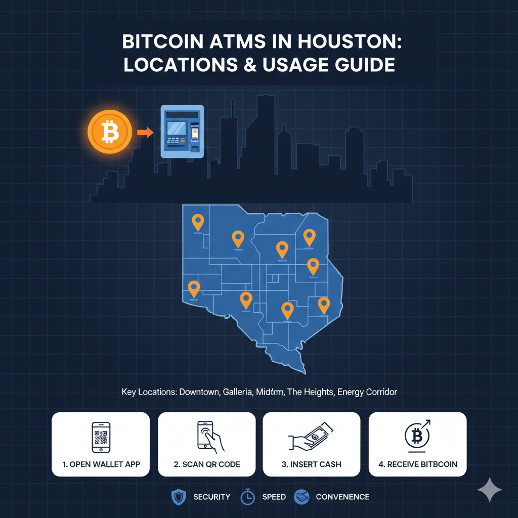 An infographic detailing Bitcoin ATMs in Houston, featuring a city skyline, Bitcoin and ATM icons, a map of Houston with ATM locations, and a four-step usage guide.