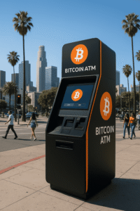 Modern Bitcoin ATM in downtown Los Angeles with black and orange design, palm trees, and LA skyline in the background on a sunny day.