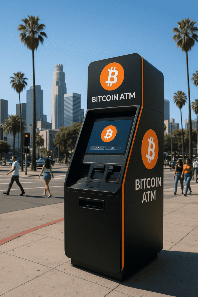 Modern Bitcoin ATM in downtown Los Angeles with black and orange design, palm trees, and LA skyline in the background on a sunny day.