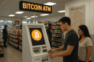 Modern Bitcoin ATM machine in a New Jersey convenience store with glowing orange logo, people using the ATM, and state map on the wall.