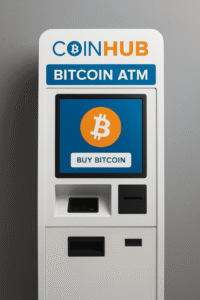Coinhub Bitcoin ATM machine with digital screen displaying buy bitcoin option.
