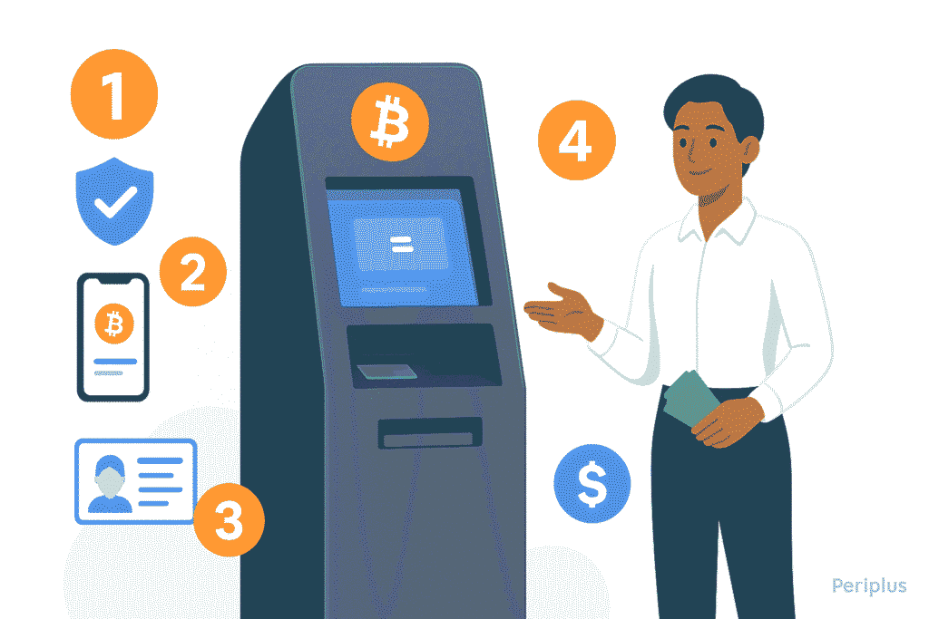Step-by-step illustration showing how to use a Bitcoin ATM with a person, smartphone wallet, ID card, and cash.