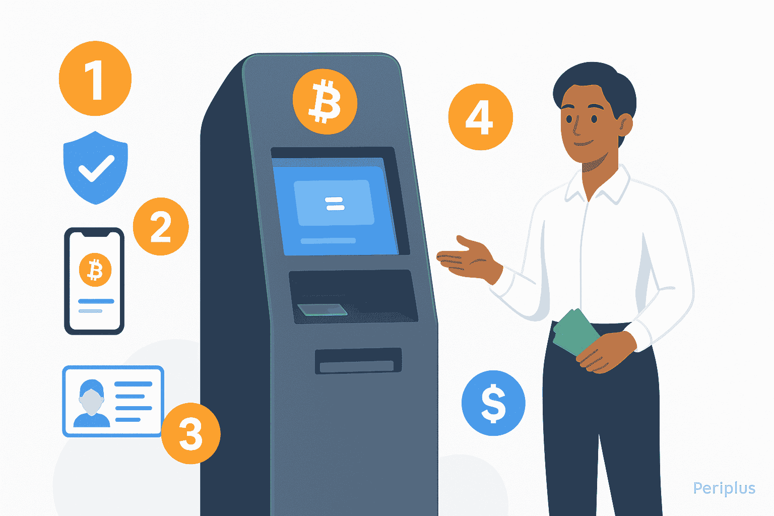 Step-by-step illustration showing how to use a Bitcoin ATM with a person, smartphone wallet, ID card, and cash.