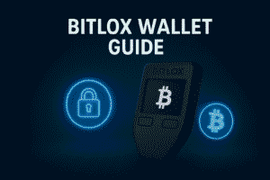 BitLox hardware wallet with glowing Bitcoin icons and lock symbol on a dark blue futuristic background, representing crypto security and digital privacy for US users in 2025.