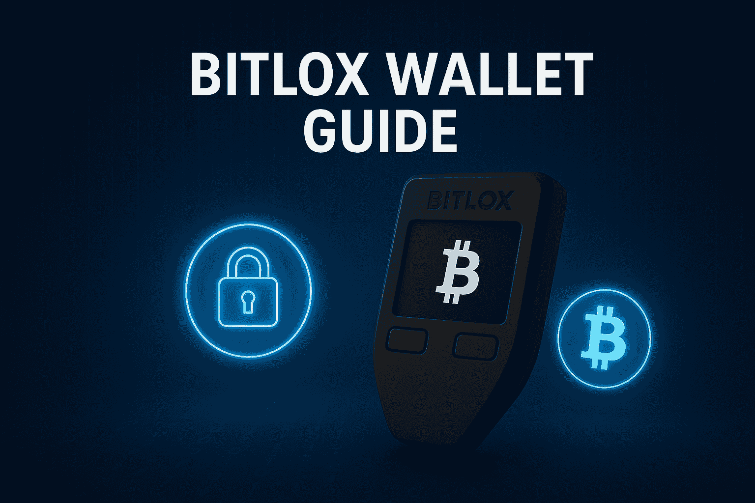 BitLox hardware wallet with glowing Bitcoin icons and lock symbol on a dark blue futuristic background, representing crypto security and digital privacy for US users in 2025.