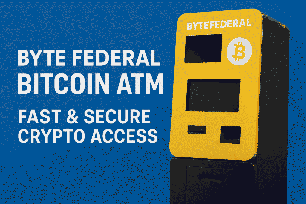 Byte Federal Bitcoin ATM machine with yellow design promoting fast and secure crypto access.