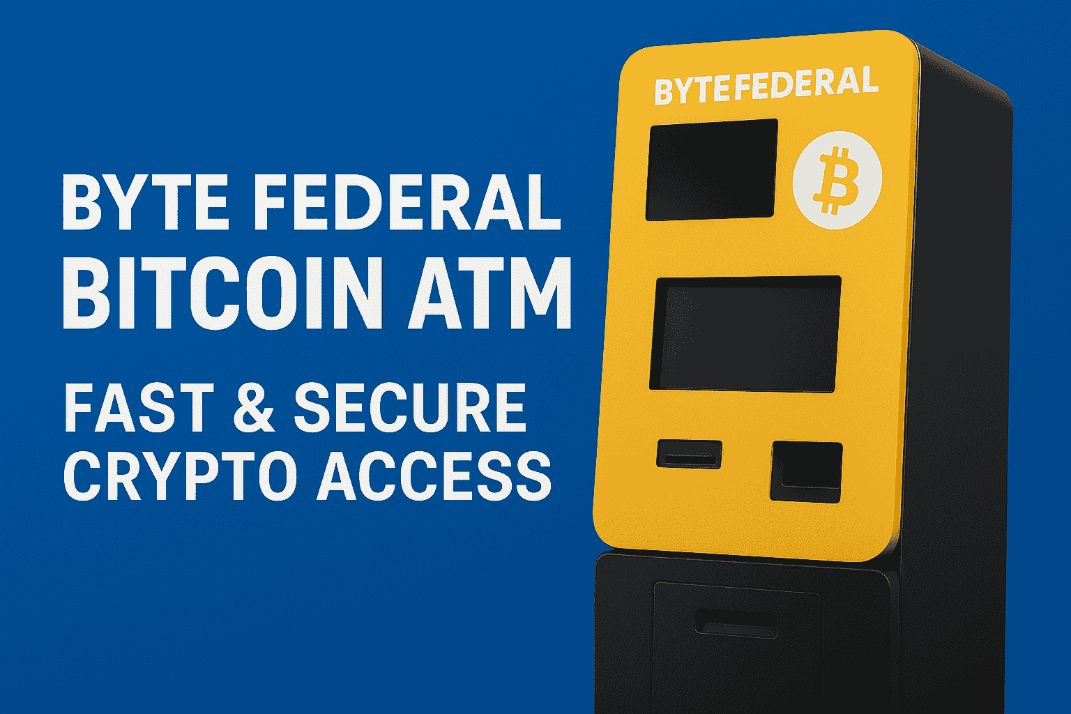Byte Federal Bitcoin ATM machine with yellow design promoting fast and secure crypto access.