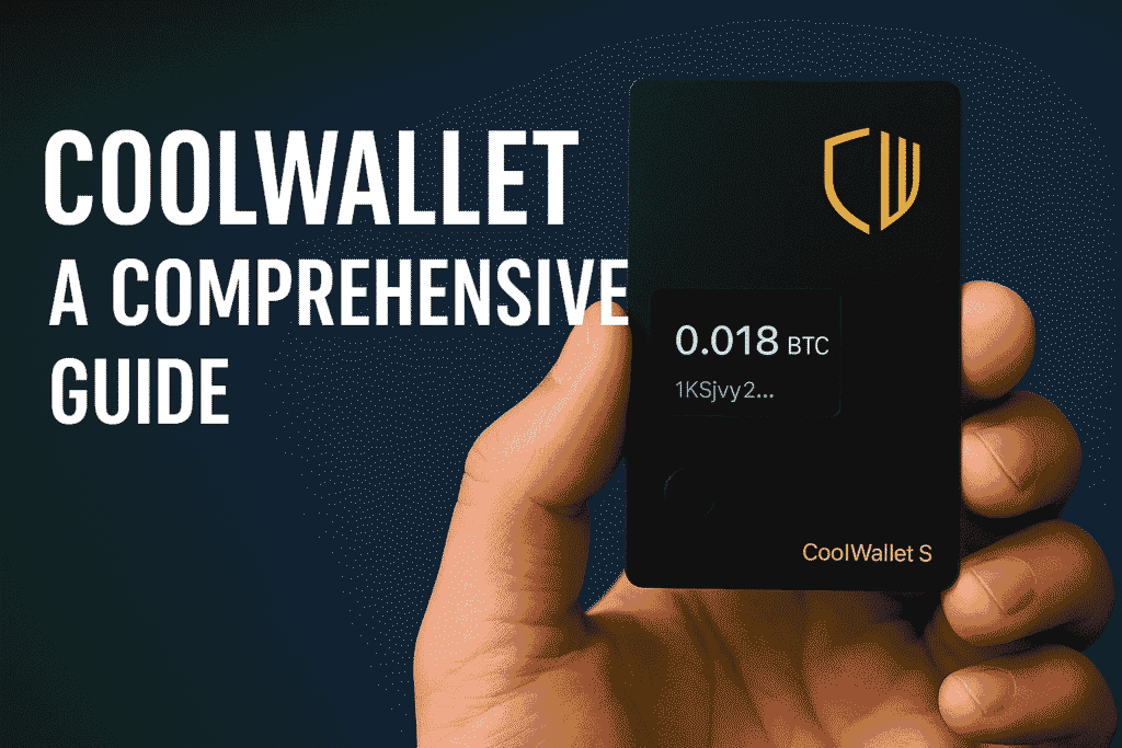 A hand holding the sleek CoolWallet S hardware wallet with the text “CoolWallet S: A Comprehensive Guide” on a blue background.