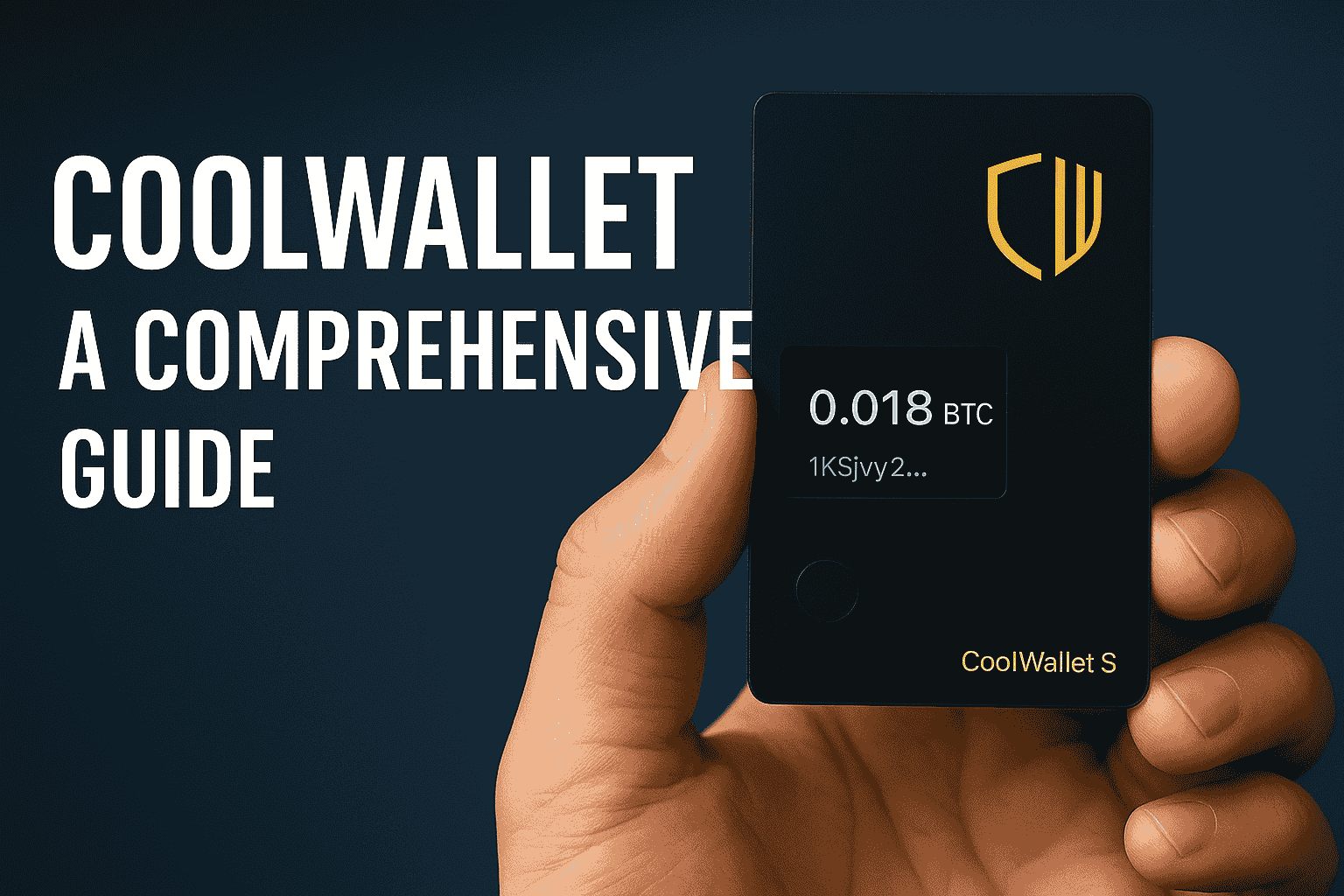 A hand holding the sleek CoolWallet S hardware wallet with the text “CoolWallet S: A Comprehensive Guide” on a blue background.
