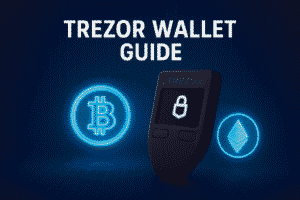 Trezor hardware wallet with glowing Bitcoin and Ethereum icons on a blue futuristic background, representing crypto security and digital asset protection in 2025.