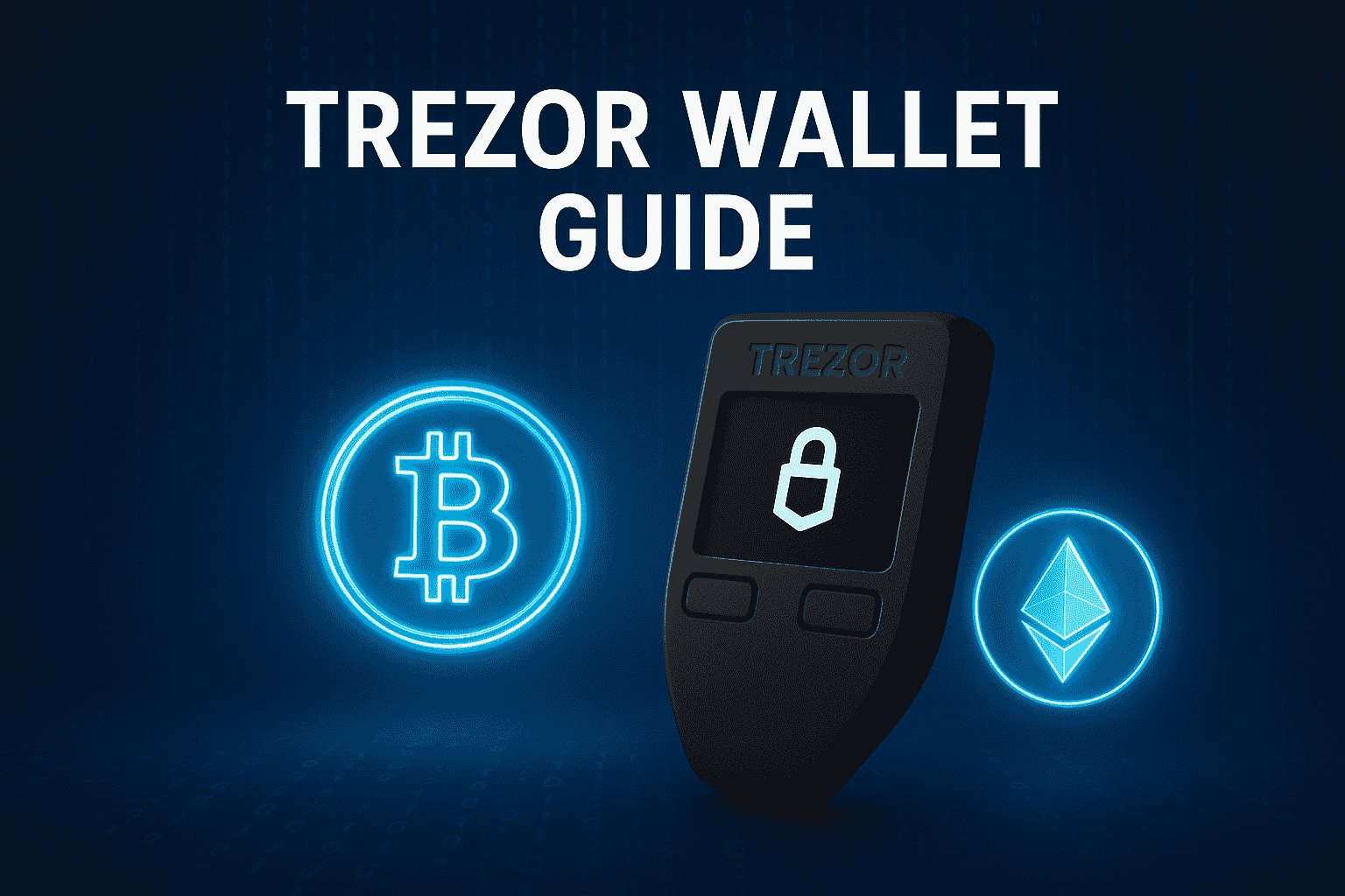 Trezor hardware wallet with glowing Bitcoin and Ethereum icons on a blue futuristic background, representing crypto security and digital asset protection in 2025.