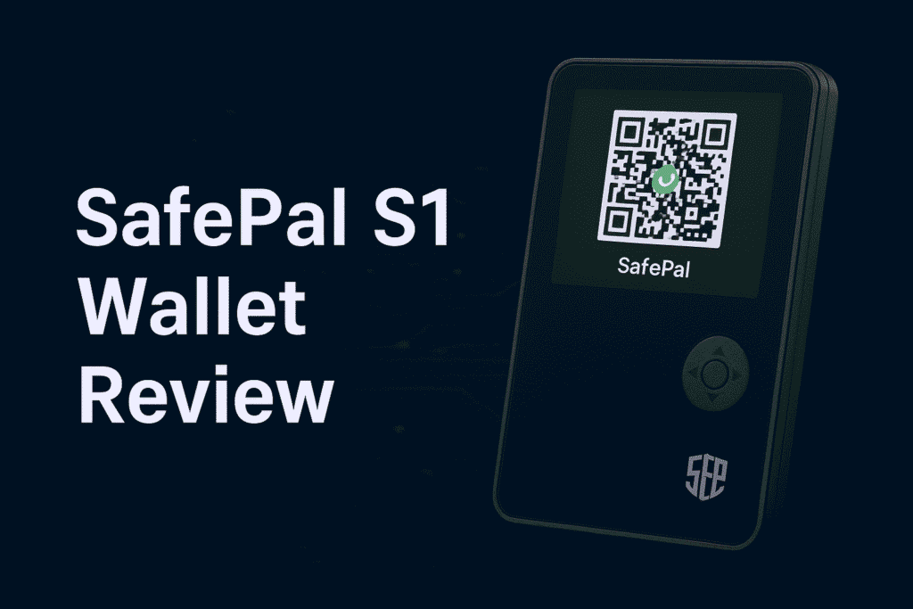 SafePal S1 hardware wallet displaying a QR code on its screen beside bold text reading “SafePal S1 Wallet Review” on a blue digital background.