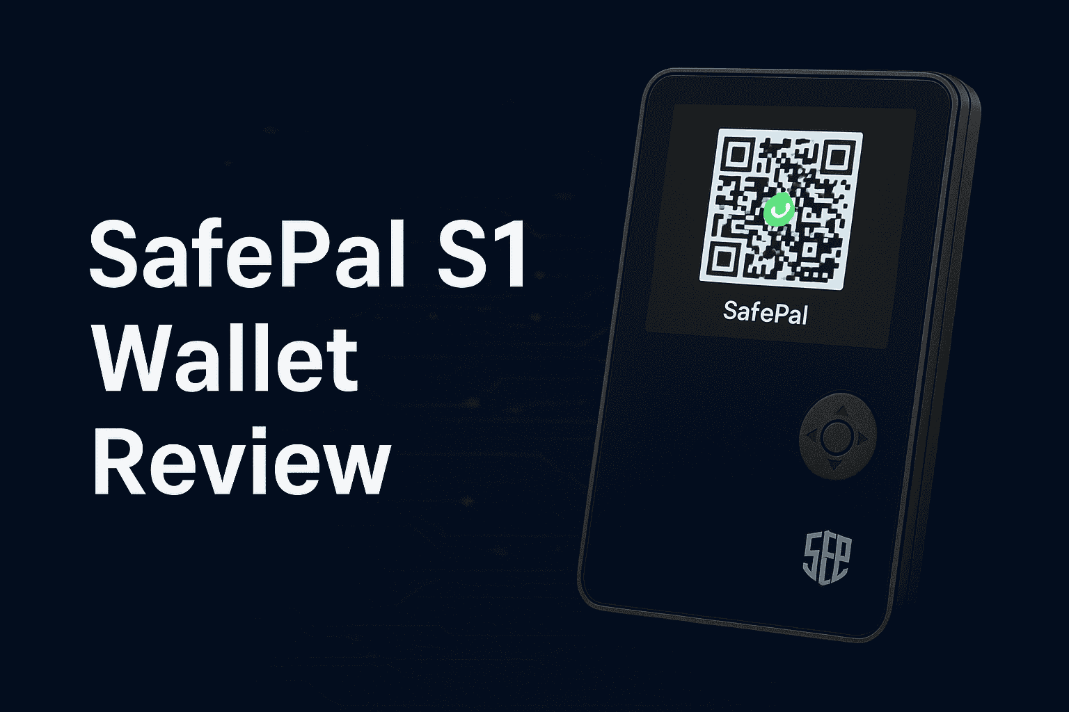 SafePal S1 hardware wallet displaying a QR code on its screen beside bold text reading “SafePal S1 Wallet Review” on a blue digital background.