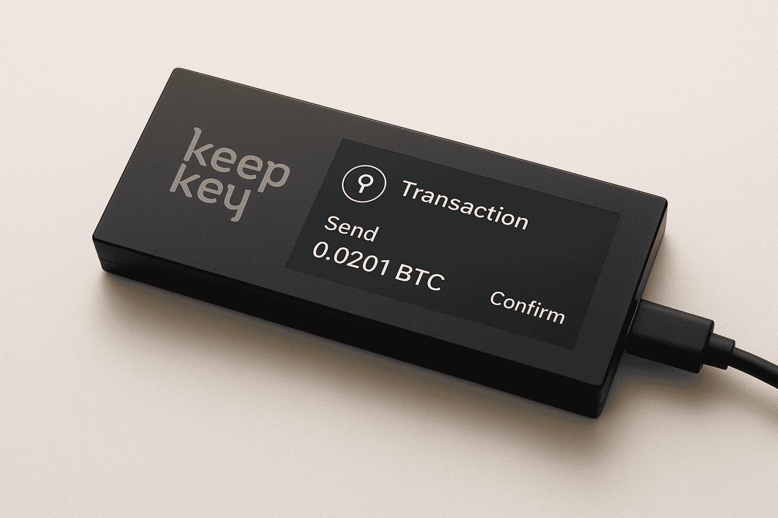 KeepKey cryptocurrency hardware wallet on a light background with display showing transaction details