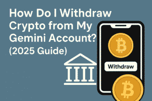 User withdrawing cryptocurrency from a Gemini account on a smartphone with Bitcoin icons and a bank symbol on a blue background.
