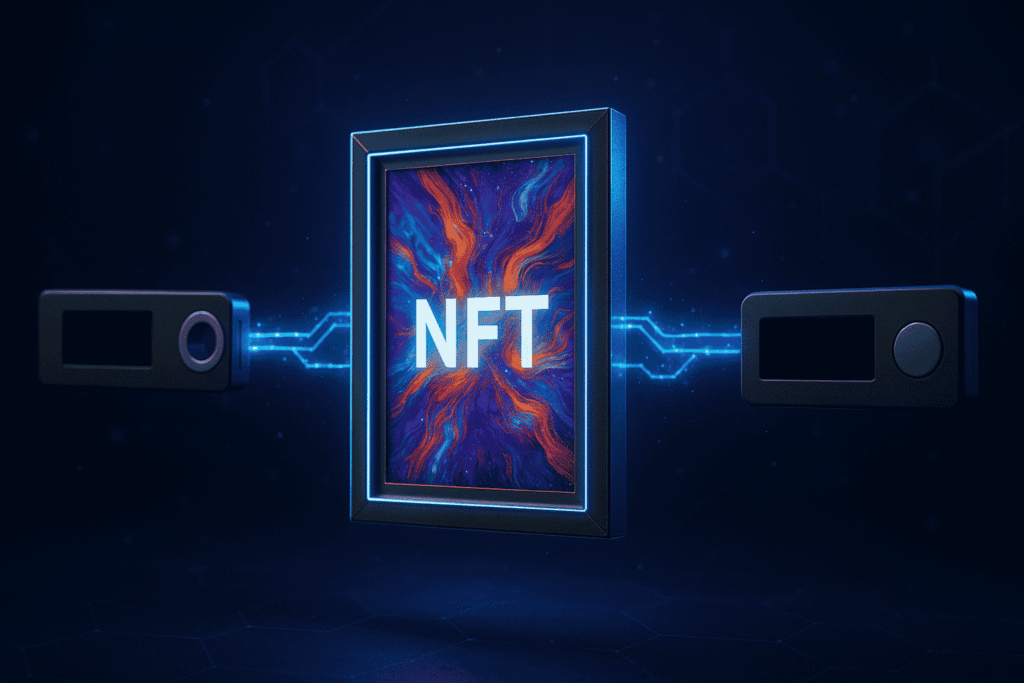 A glowing 3D NFT artwork frame floating between two Ledger-style cryptocurrency hardware wallets connected by luminous blue digital transfer lines on a dark blockchain-themed background.