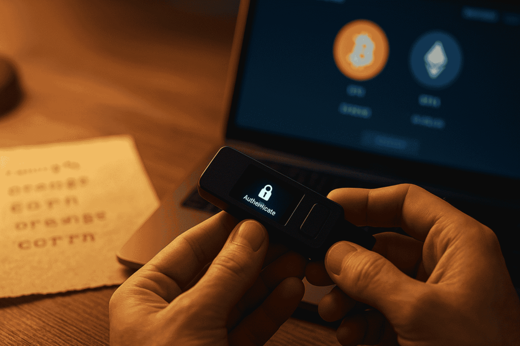 Close-up photo of hands holding a hardware cryptocurrency wallet device above a wooden desk, with a blurred seed phrase on aged paper and a laptop showing Bitcoin and Ethereum icons in the background.
