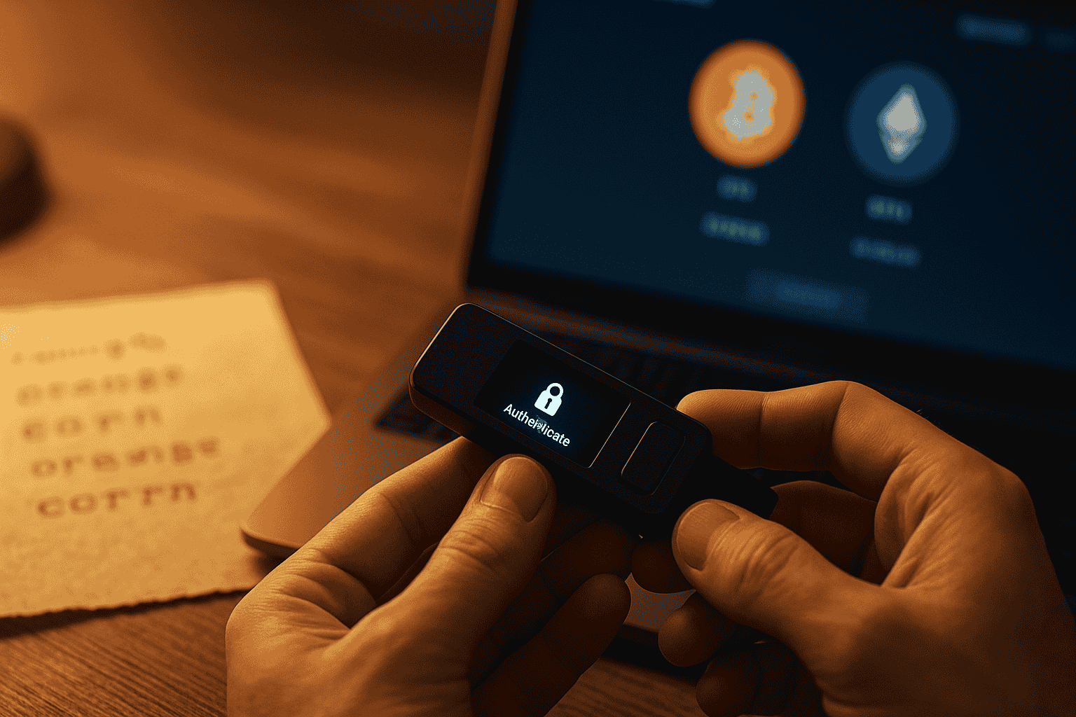 Close-up photo of hands holding a hardware cryptocurrency wallet device above a wooden desk, with a blurred seed phrase on aged paper and a laptop showing Bitcoin and Ethereum icons in the background.