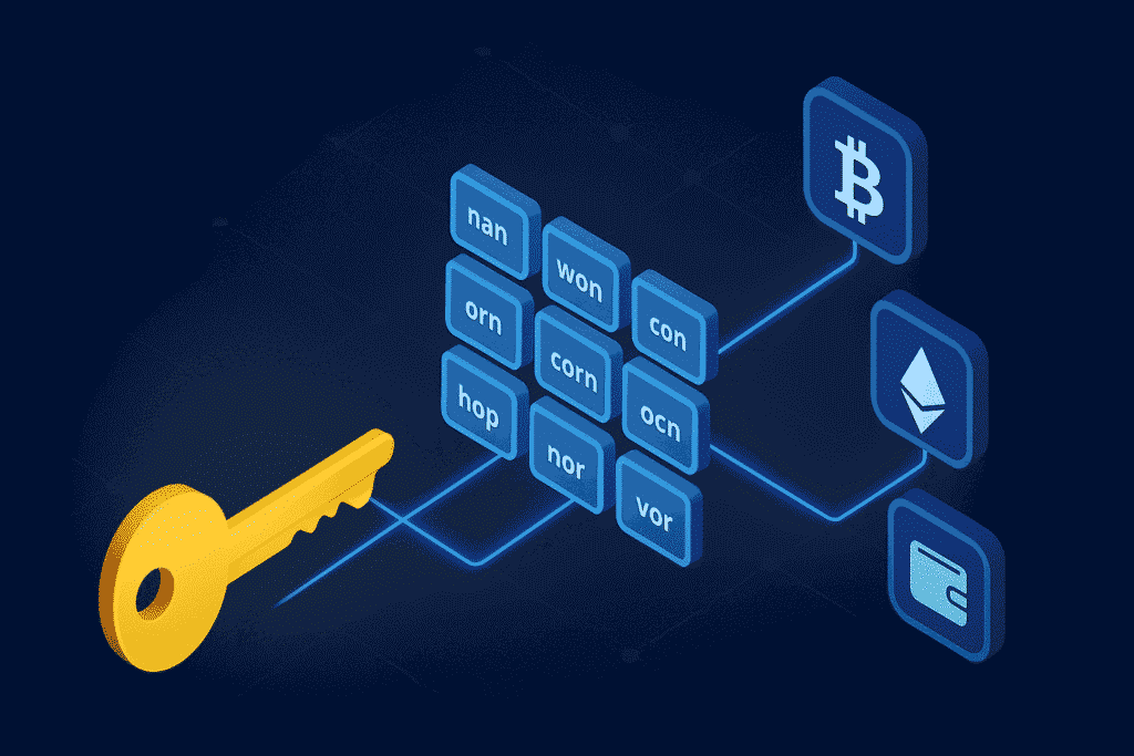 3D infographic showing a glowing golden key transforming into twelve blue seed phrase word blocks connected by luminous digital lines to cryptocurrency wallet icons for Bitcoin, Ethereum, and a generic wallet on a dark navy blockchain-themed background.