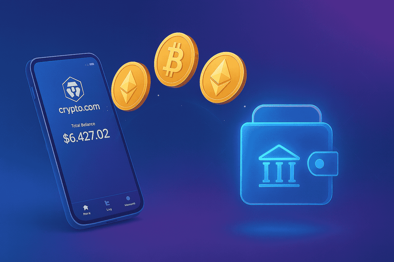 3D illustration of a mobile phone displaying the Crypto.com interface with Bitcoin and Ethereum coins flowing into a glowing digital wallet and bank icon on a blue-purple gradient background.