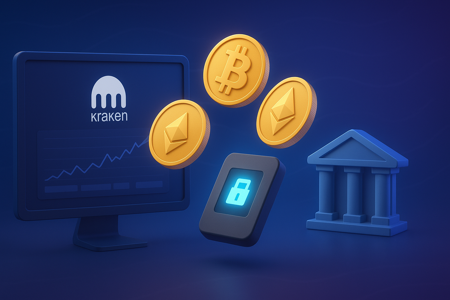 3D illustration of Bitcoin and Ethereum coins flowing from a Kraken trading screen to a secure hardware wallet and modern bank building on a blue fintech background
