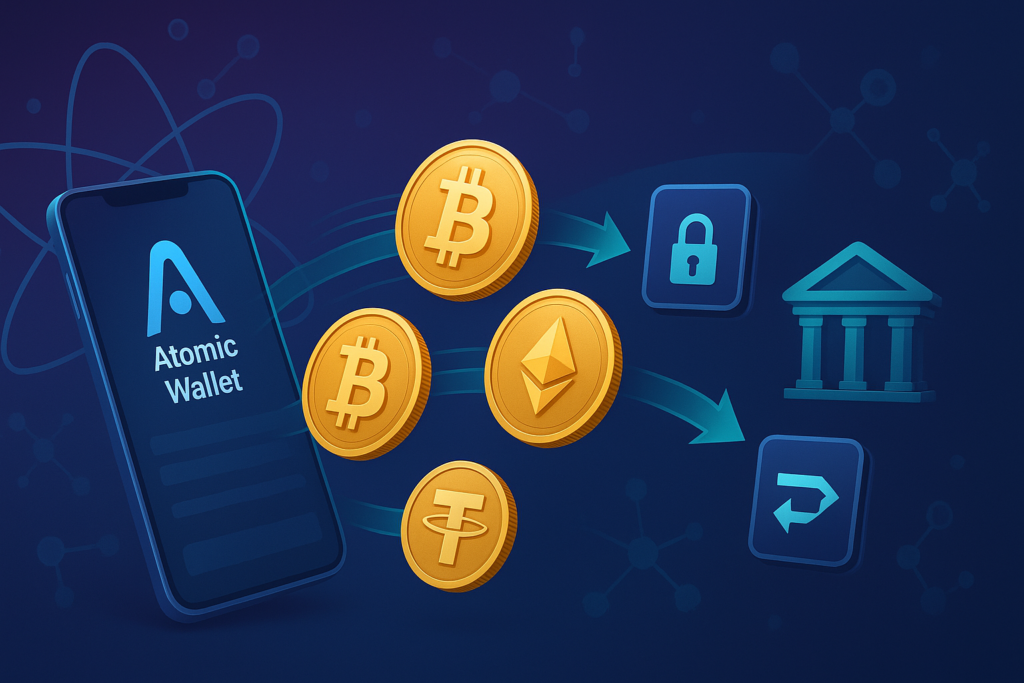 3D illustration of Bitcoin, Ethereum, and USDT flowing from Atomic Wallet app on smartphone to hardware wallet, exchange, and bank icons.